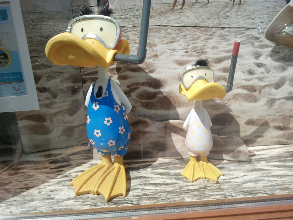 "Reise-Enten" im Schaufenster eines Reisebüros