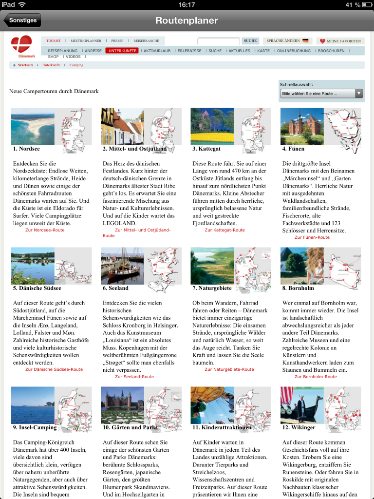 iPad App Visit Denmark: Sonstiges > Routenplanung