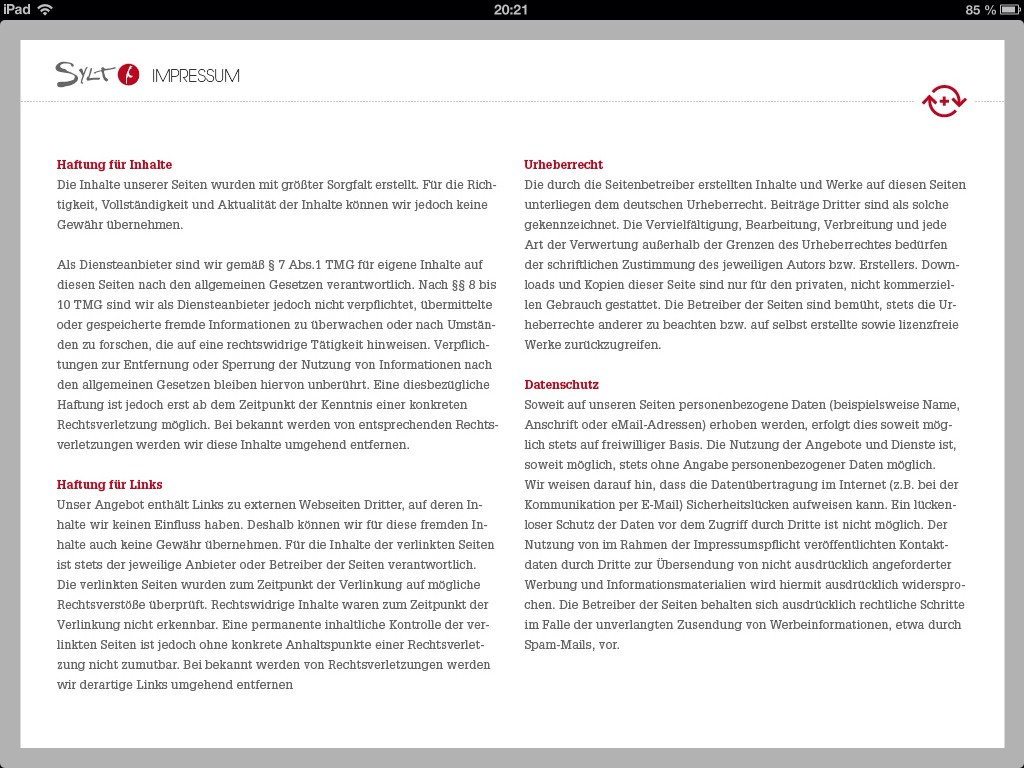 iPad App Sylt - Impressum (querformatig)
