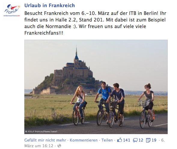 Facebook-Seite Urlaub in Frankreich: Ankündigung der ITB-Präsenz