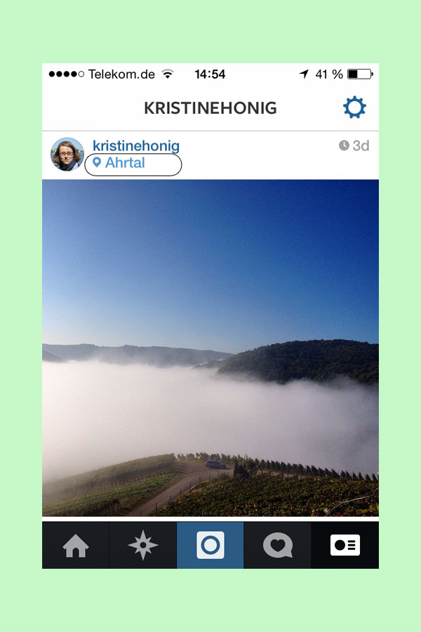 Screenshot Instagram: Foto mit Foursquare-Link zu Ahrtal